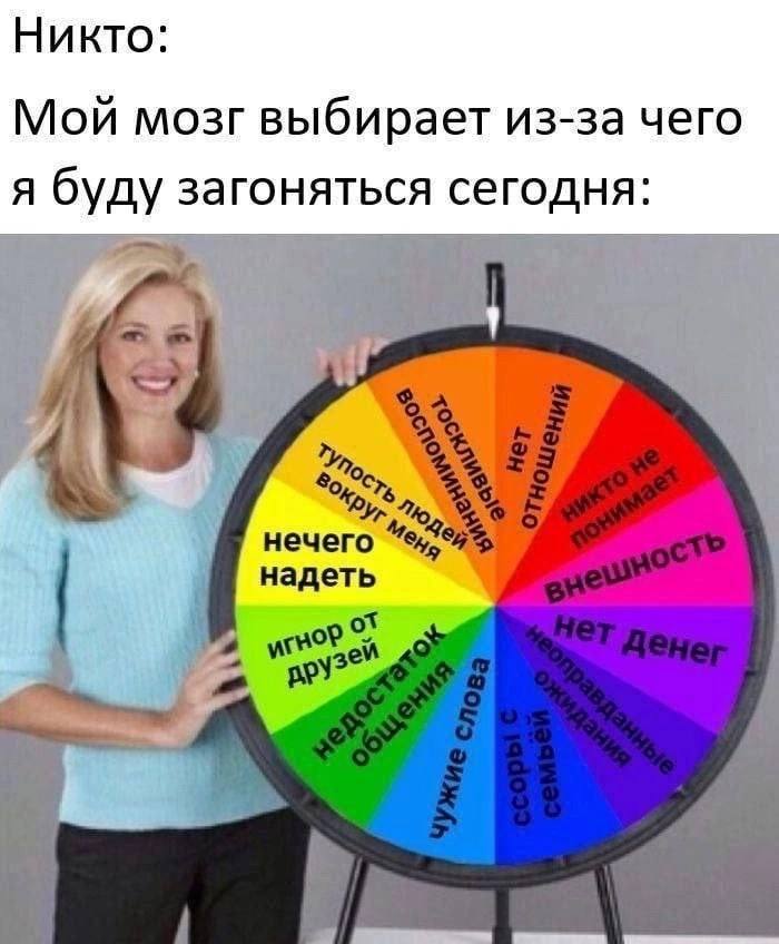 Мой мозг выбирает из-за чего я буду загоняться сегодня: тупость людей вокруг меня, тоскливые воспоминания, нет отношений, внешность, нет денег, чужие слова, игнор от друзей, нечего надеть